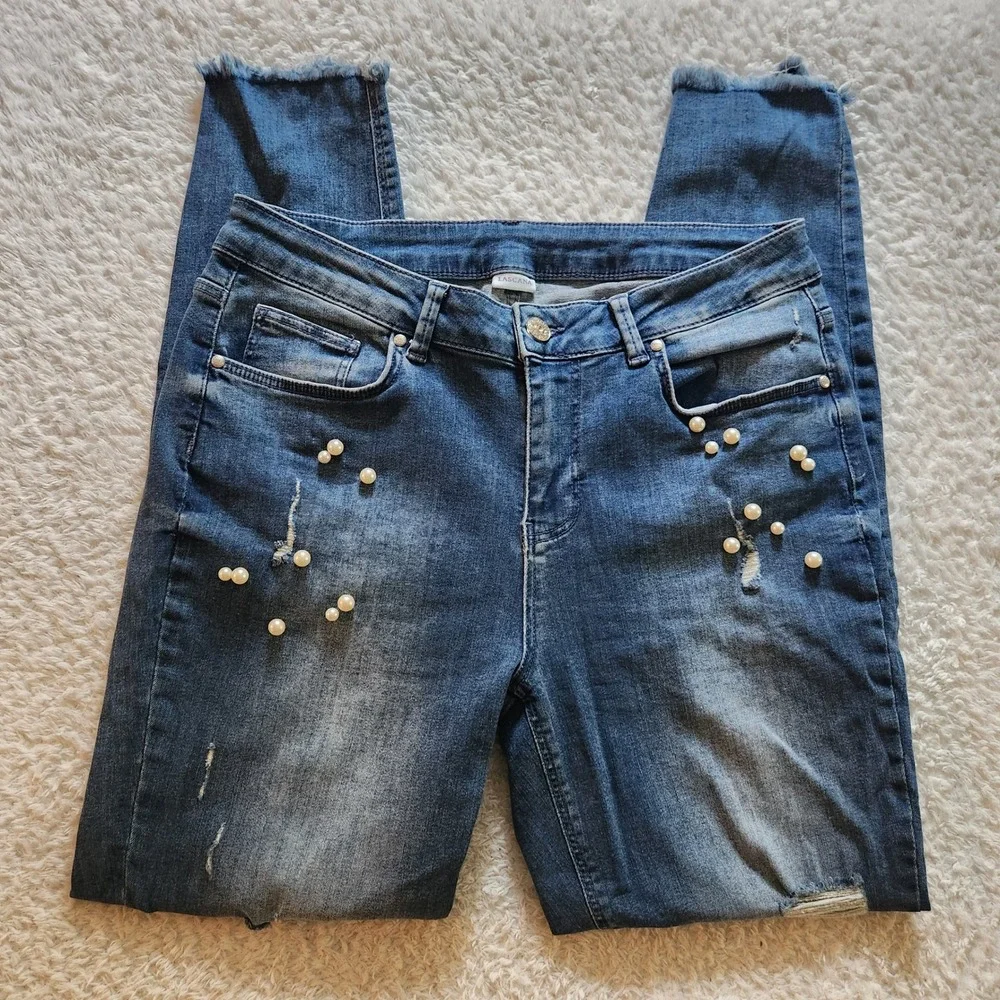 Lascana Womens Pearl Embellished Distressed Skinny Jeans Blue Size 8 Medium Wash